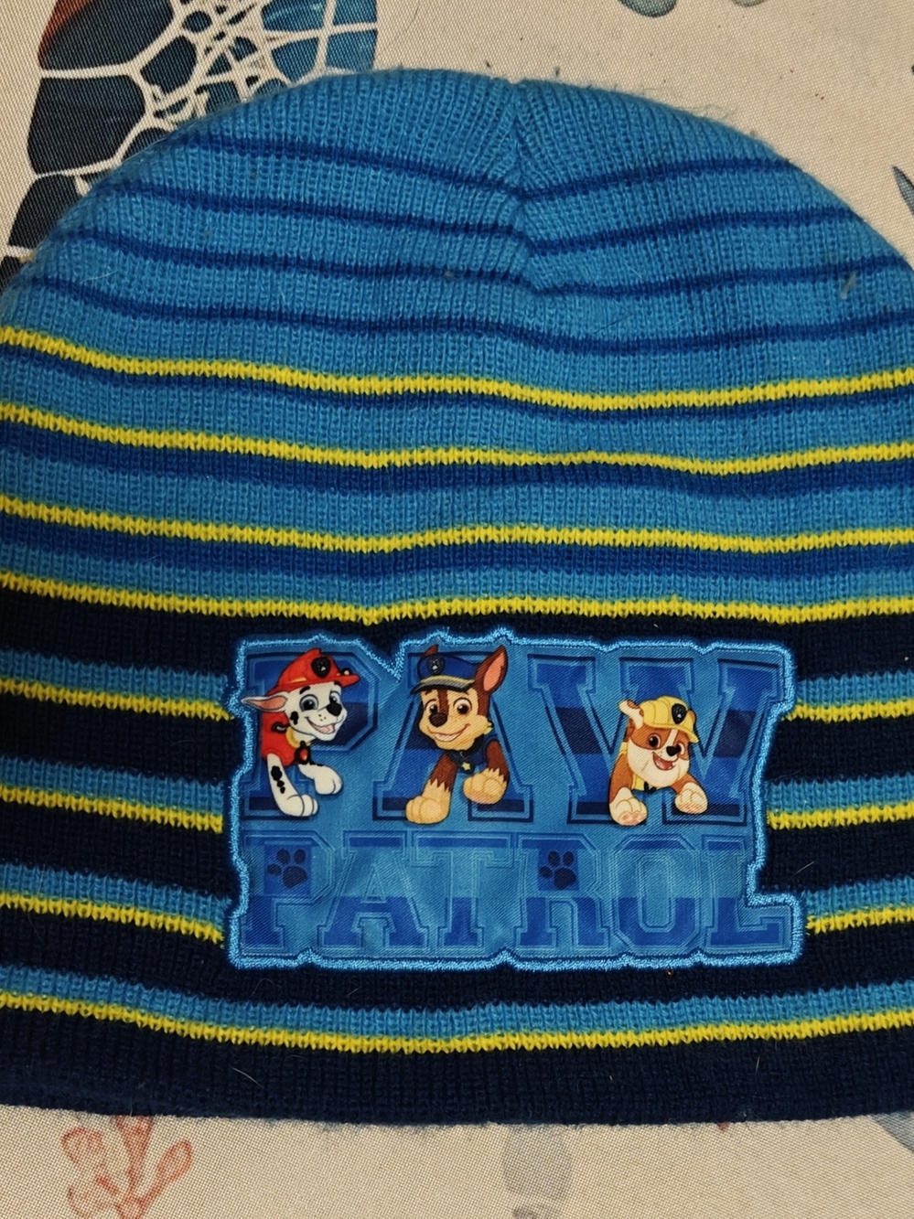 Kids Blue Paw Patrol Beanie with Yellow Stripes